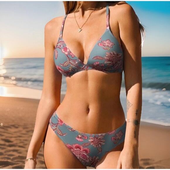 Cupshe Women Floral Bikini Small Gray Red Two-Piece V-Neck Crossback Tie Cheeky - Picture 1 of 9